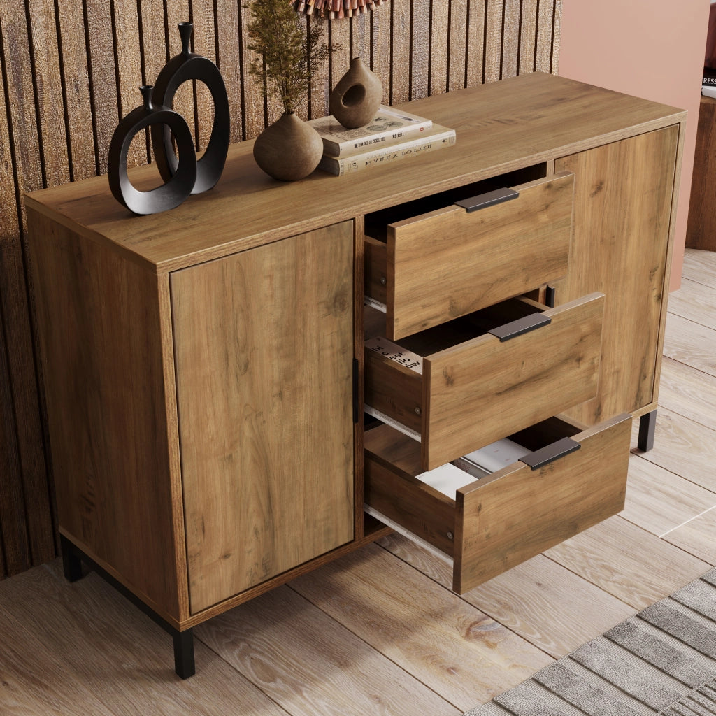 OKWISH Credenza 2 Ante e 3 Cassetti, Ripiano Regolabile, per Camera da Letto e Soggiorno, Legno e Metallo, 120 x 40 x 76 cm