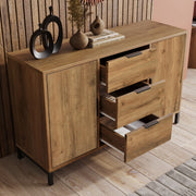 OKWISH Credenza 2 Ante e 3 Cassetti, Ripiano Regolabile, per Camera da Letto e Soggiorno, Legno e Metallo, 120 x 40 x 76 cm