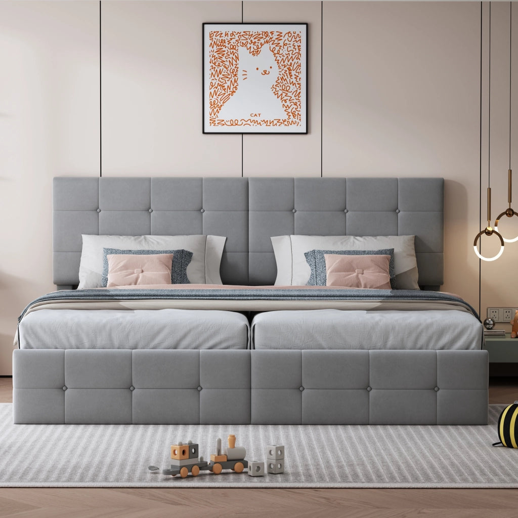 Letto contenitore matrimoniale 180×200 cm con testiera regolabile e convertibile in due letti singoli; senza materasso; grigio