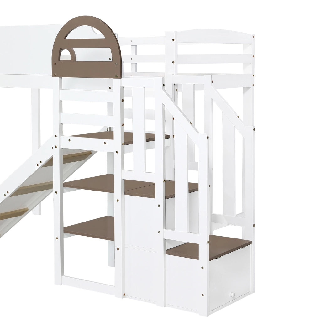 Letto a castello con scivolo, finestra decorativa e scala contenitore