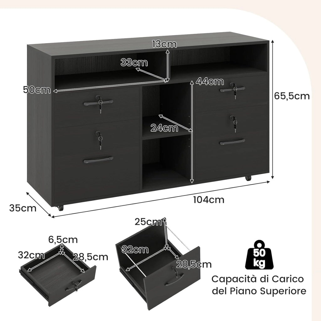 Armadietto Portadocumenti, Mobile da Ufficio Laterale con 4 Cassetti Adatto per File Formato A4/Lettera e 5 Ruote Universali Bloccabili, Credenza in Metallo per Scrivania (Nero)
