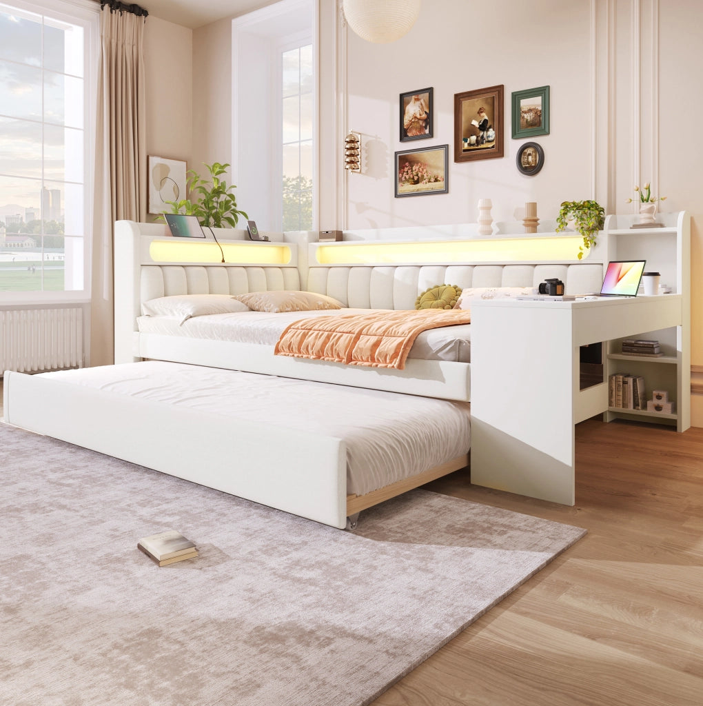 Divano letto 140x200 cm con letto estraibile; USB; LED e scrivania integrata; bianco