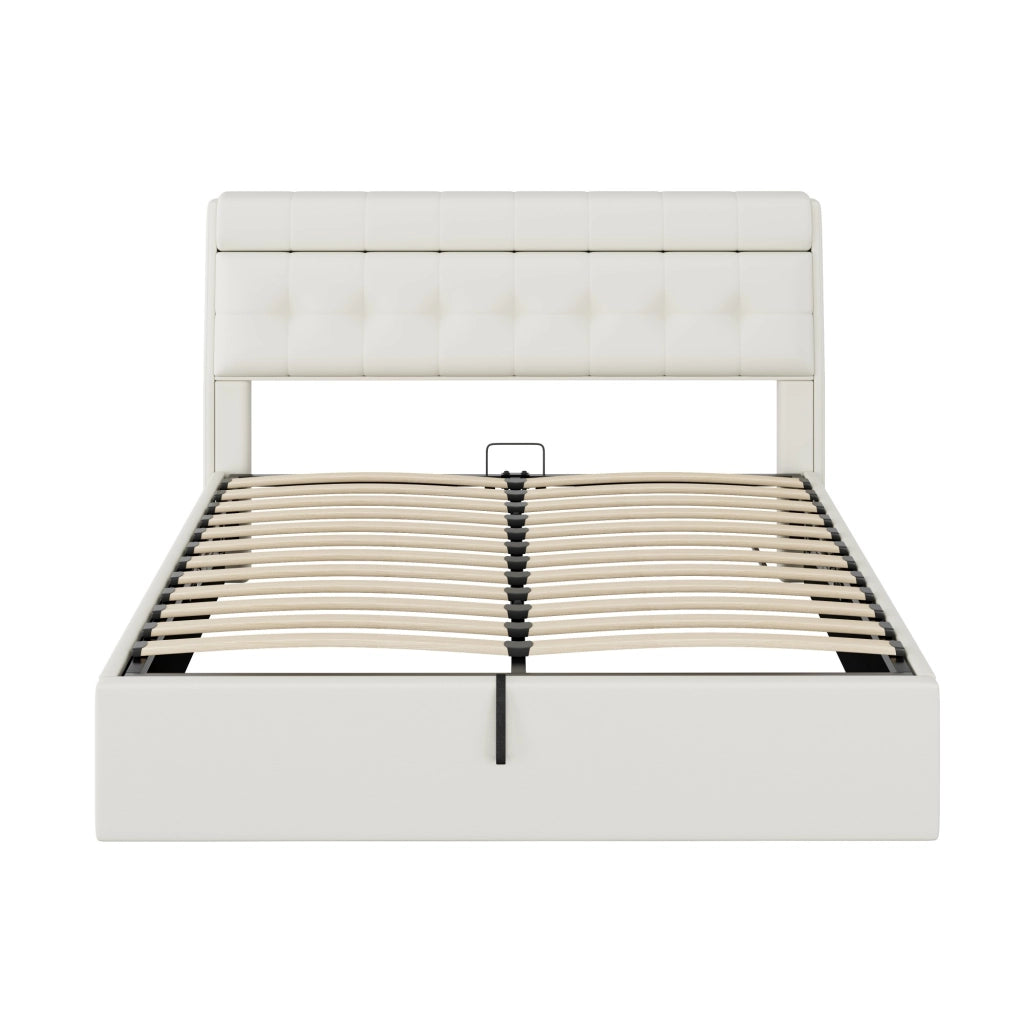 Letto imbottito con contenitore idraulico e testiera con vano nascosto; rivestimento in PU bianco; 160x200 cm; senza materasso