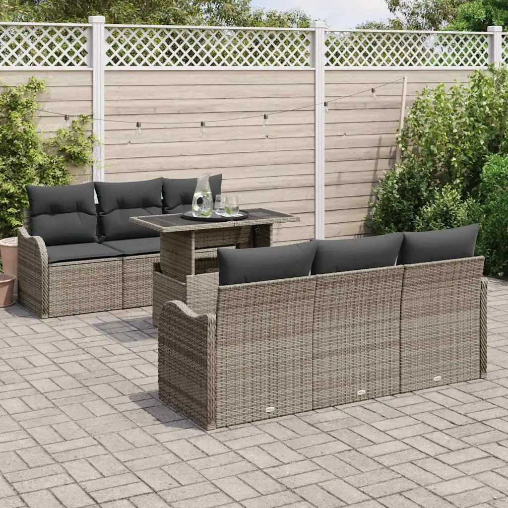 Set Divano da Giardino con cuscino 7 pcs Grigio Poly Rattan