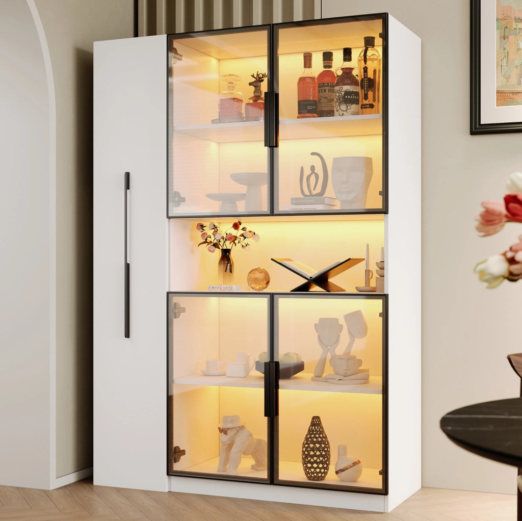 Vetrina moderna 110x35x160 cm bianca in MDF con LED a colori; ripiani estraibili e anta in vetro