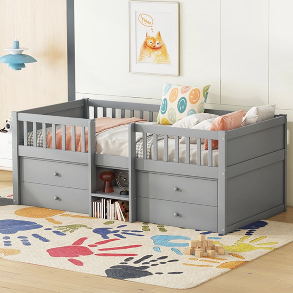 LETTO Semialto 90x200 cm Grigio con 4 Cassetti, Scala e Grembiule di Sicurezza