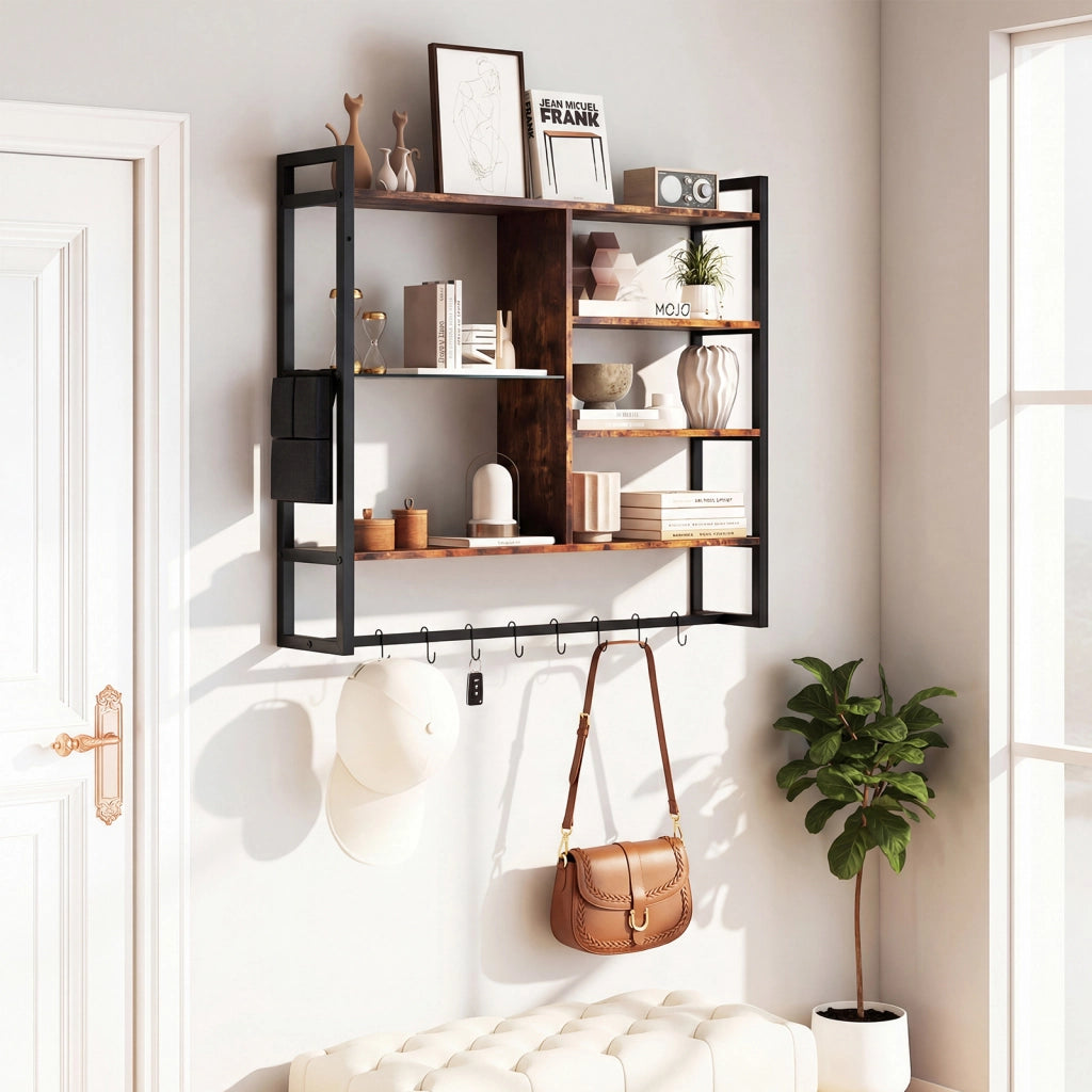 Mensole moderne da parete a 6 livelli con 8 ganci S e tasca laterale, Espositori per bar cucina salotto bagno sala giochi 107 cm Nero