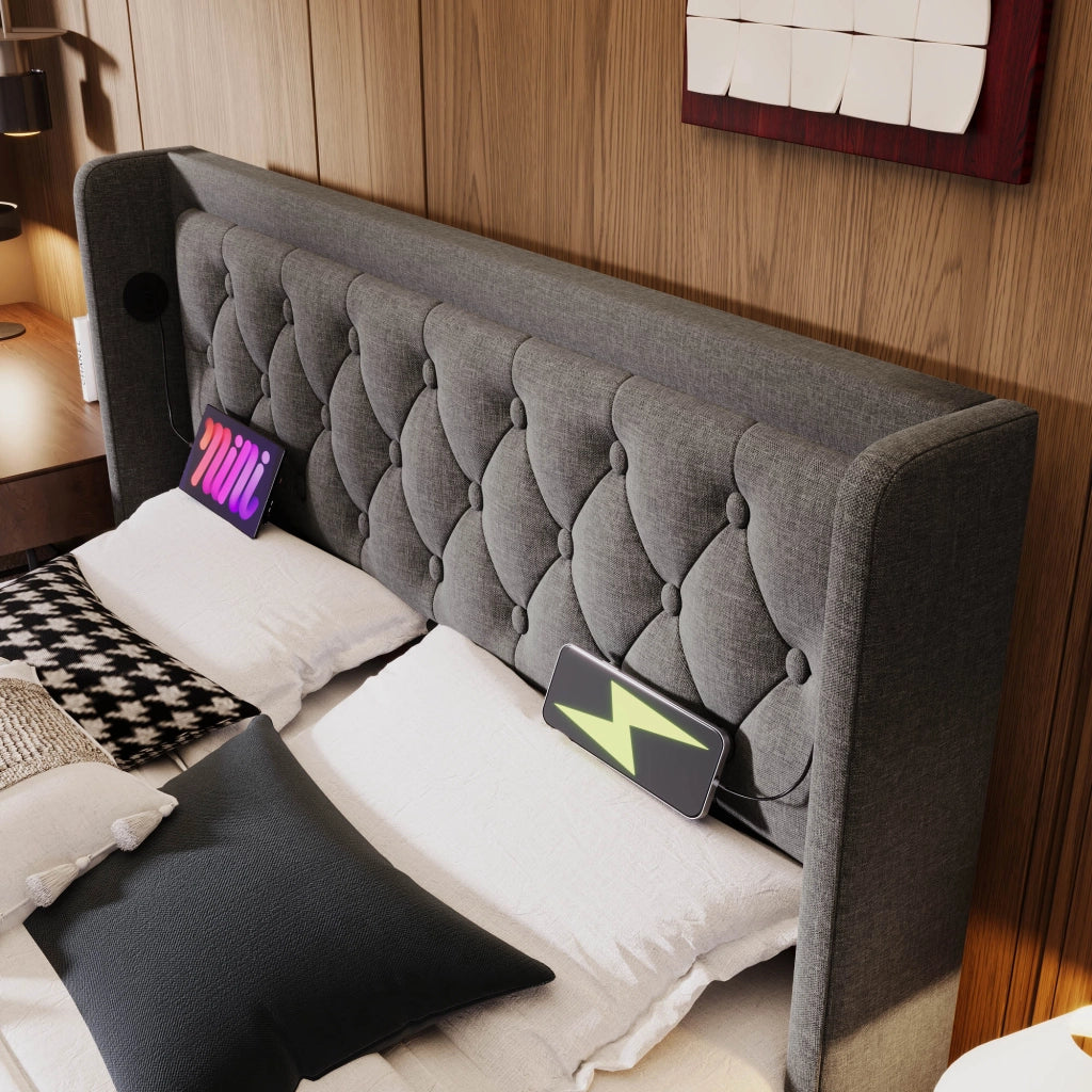 DESMIU Letto contenitore letto matrimoniale con USB, Type-C e LED regolabile 160 × 200 cm, senza materasso