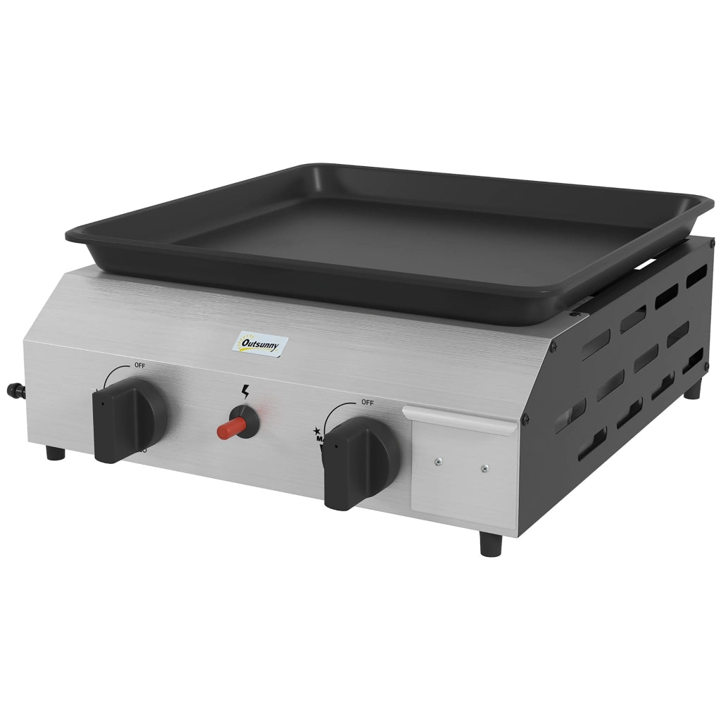 Piastra Barbecue a Gas con 2 Bruciatori, Piano Antiaderente e Potenza 4.8kw, Argento