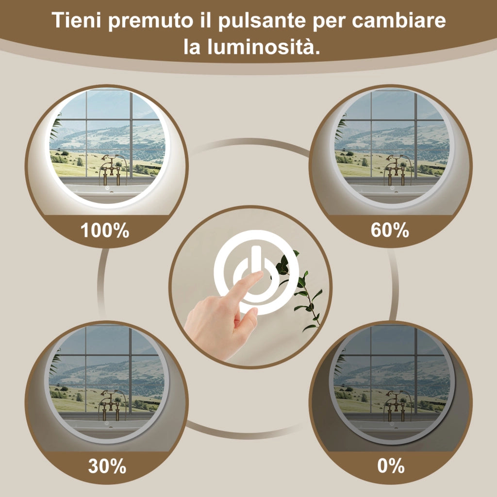 AICA Specchio Da Bagno Rotondo Da 90cm con LED, Antiappannamento, 3 Temperature Colore