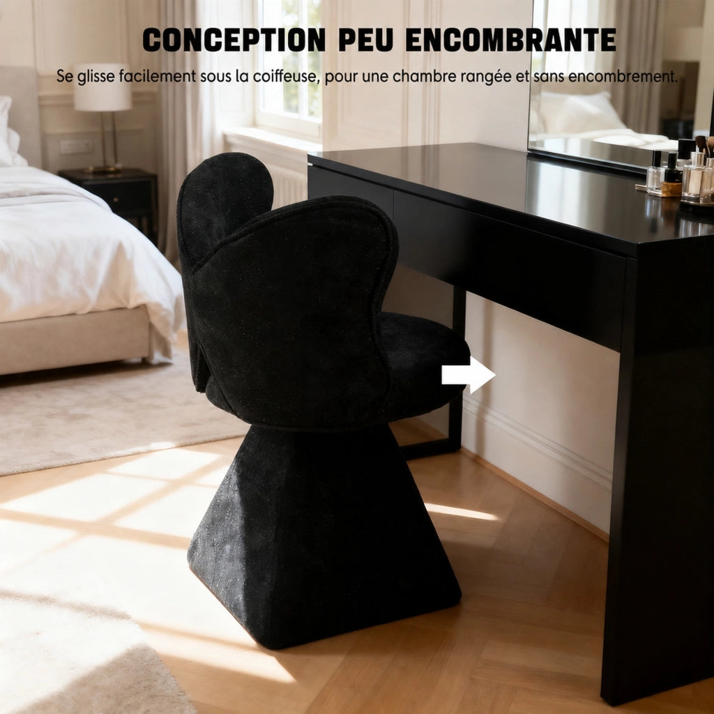 Sedia girevole imbottita in chenille nero con base triangolare stabile, senza braccioli, per soggiorno, sala da pranzo e spazi beauty