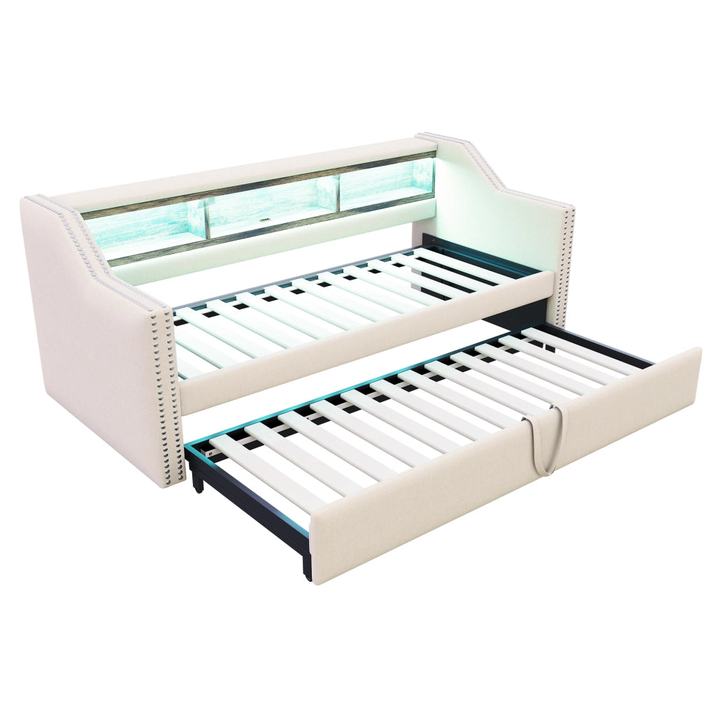 Letto estraibile matrimoniale 90×190 cm e 180×190 cm con LED; USB e ripiani; materasso incluso; beige