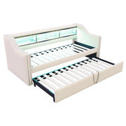 Letto estraibile matrimoniale 90×190 cm e 180×190 cm con LED; USB e ripiani; materasso incluso; beige