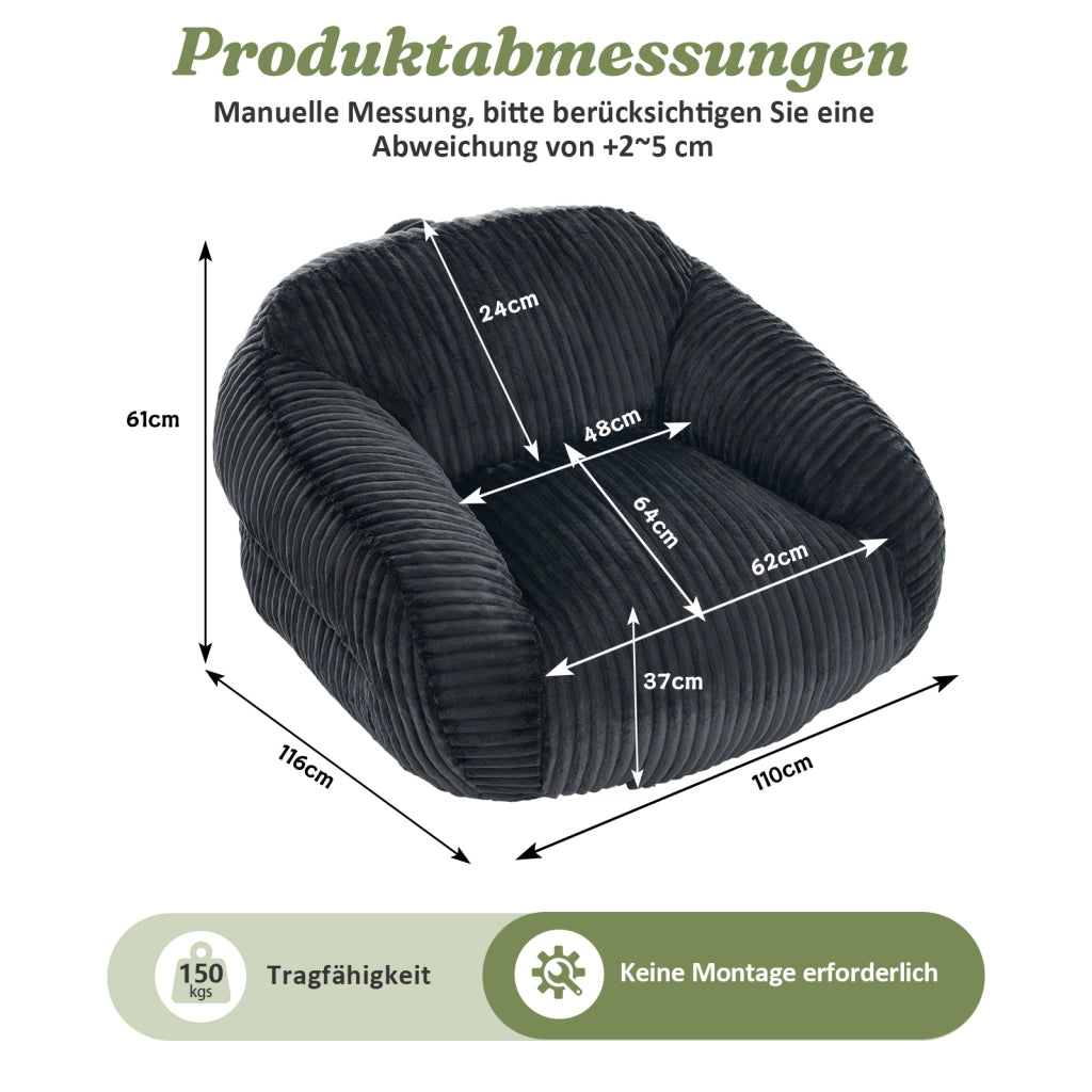 Poltrona pouf con schienale ergonomico e imbottitura in schiuma per soggiorno in velluto a coste grigio scuro