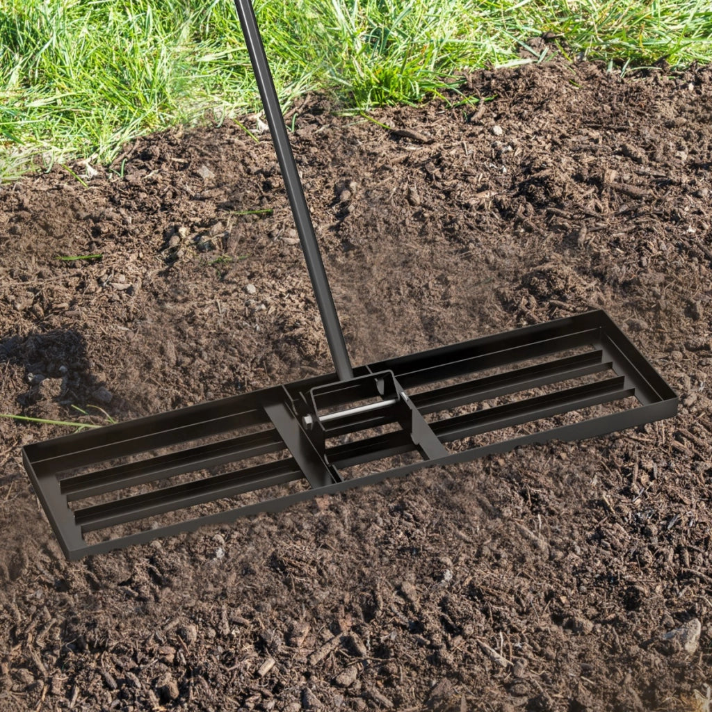 Rastrello livellatore per prato cortile, Livellatore giardino con impugnatura ergonomica e piastra 75 x 25 cm Nero