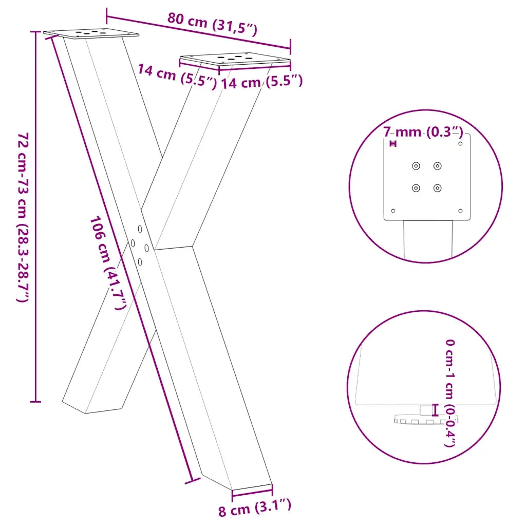 Gambe per tavolo da pranzo a forma di X 2 pz | Piede del tavolo in acciaio naturale 80x(72-73) cm