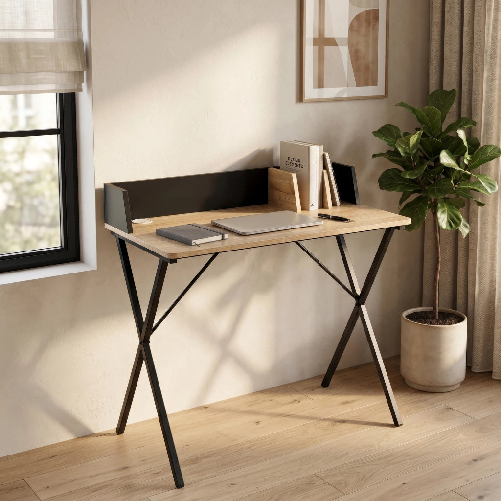 Scrivania Kappespoo con Bordo Rialzato 84 x 80 x 50 cm - Nero / Effetto Rovere [en.casa]