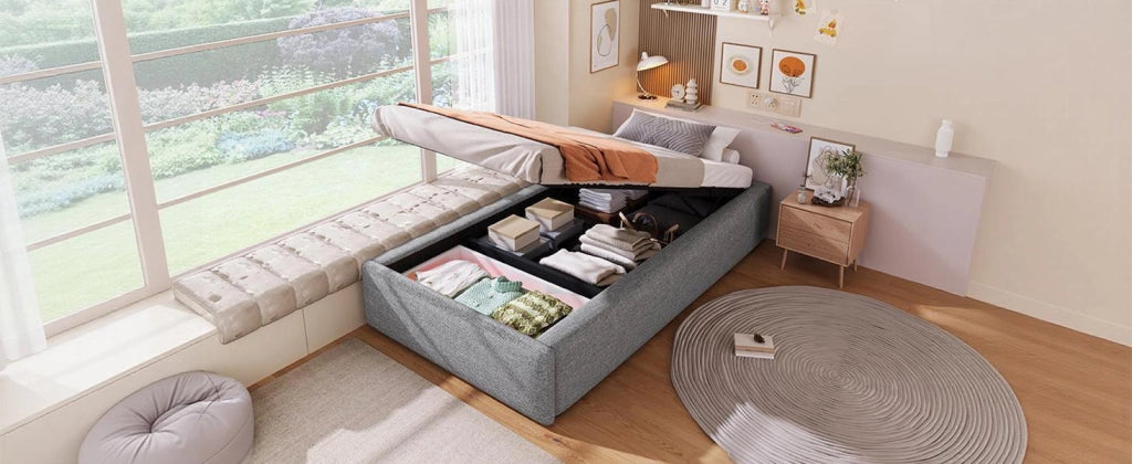 DESMIU Letto imbottito 90 × 200 cm 1 posto con 1 cassetto, contenitore idraulico, senza materasso, tessuto grigio