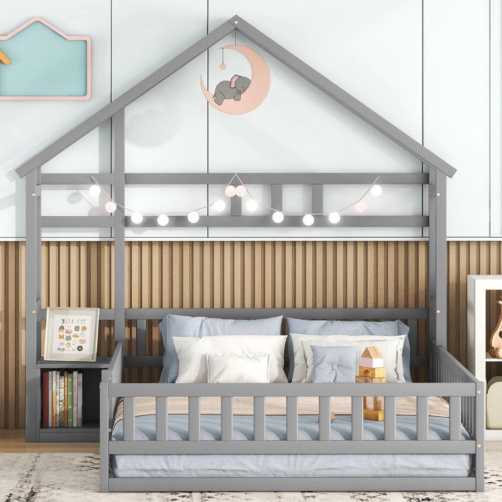LETTO a casetta 140 x 200 cm con spondale, grigio, con comodino laterale