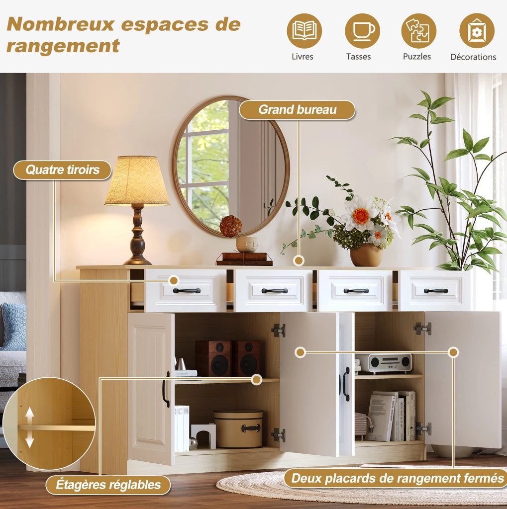 Credenza sideboard 160 cm con 4 cassetti e 4 ante; ripiani interni; MDF bianco