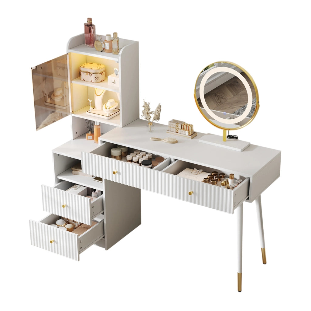 Tavolo da trucco 100x40x125 cm con specchio LED a tre colori; 4 cassetti; pannello truciolare bianco