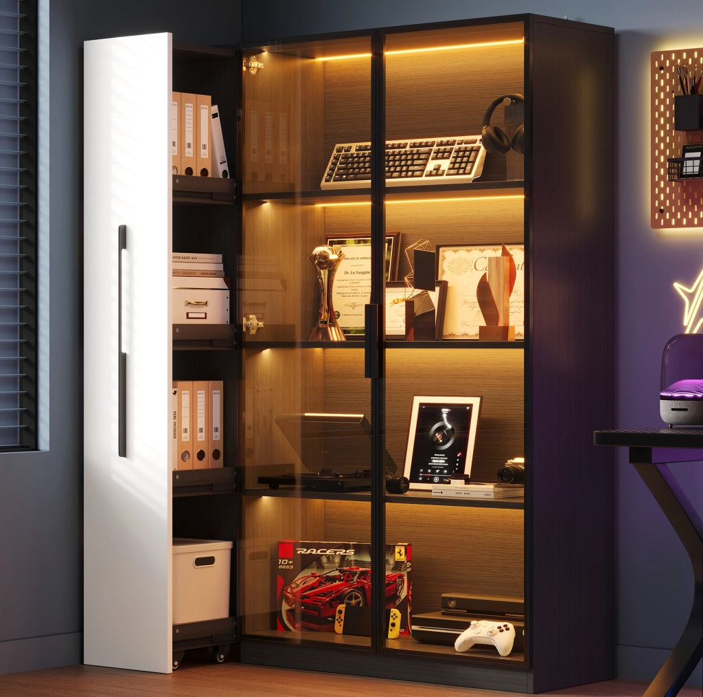 Vetrina 110.5x35x160 cm con LED e vano estraibile laterale in MDF e vetro nero