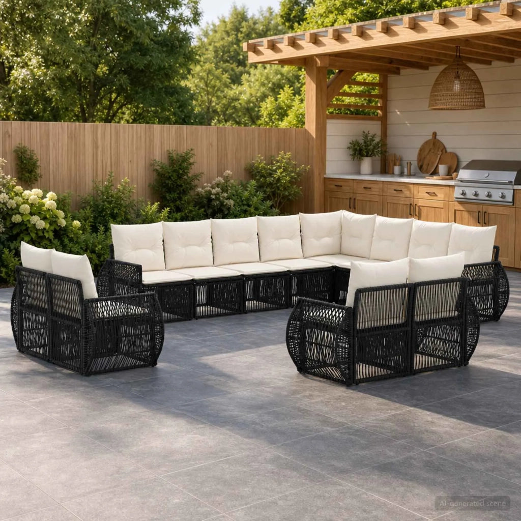Set Divano da Giardino 12 pz Nero e Bianco Crema polyrattan 3435592