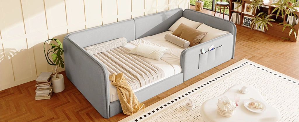 DESMIU Lit simple 90 × 200 cm con tasche portaoggetti, senza materasso, in lino, grigio