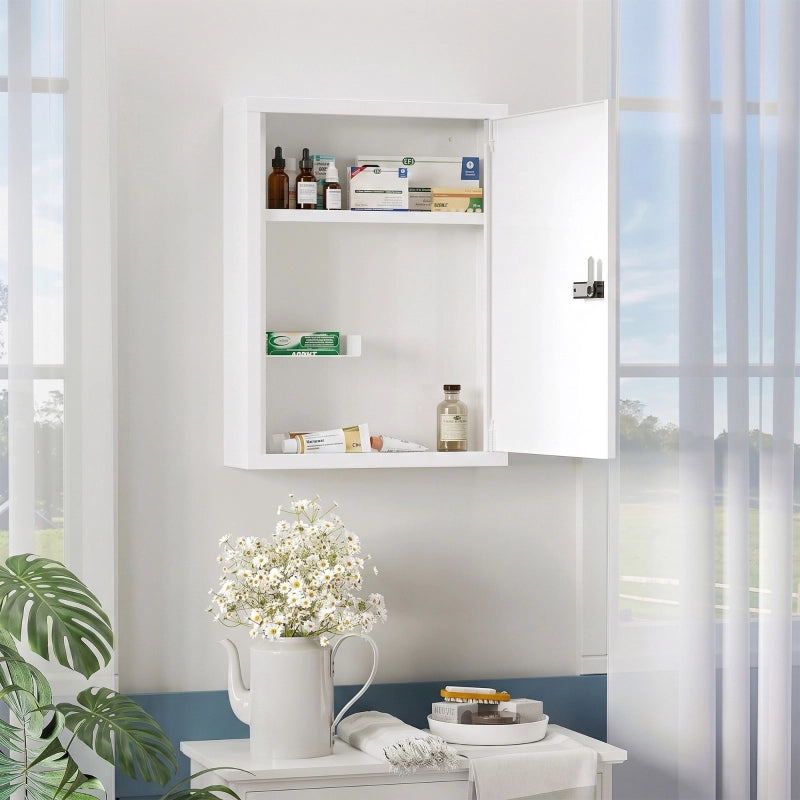 Armadietto a muro per medicinali, mobiletto da bagno con serratura a combinazione, anta e vani portaoggetti, bianco