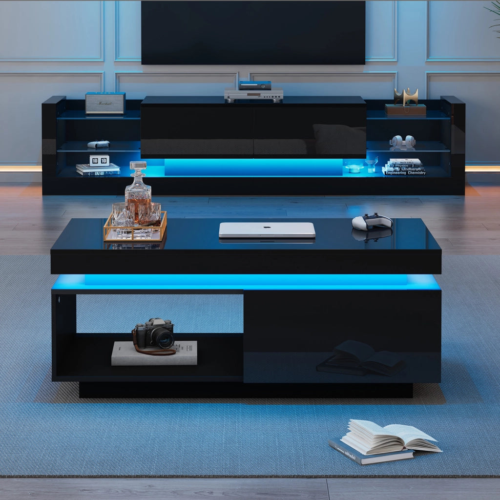 Set TV a parete con tavolino - Zephmum- Nero lucido con luci LED