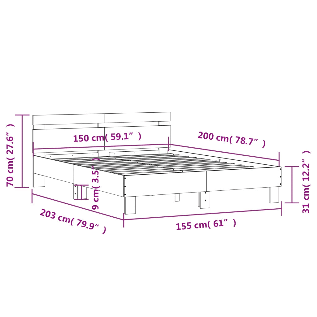 Letto matrimoniale | Letto per adulti | Giroletto Testiera Grigio Cemento 150x200 cm Legno Multistrato