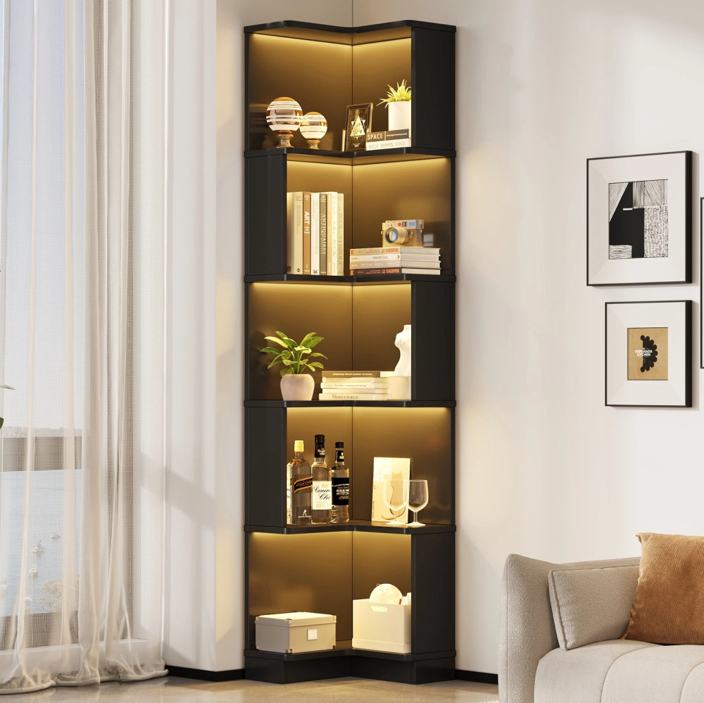 Libreria angolare 63.5x45x175 cm con luci LED a colore variabile; 5 ripiani in MDF nero