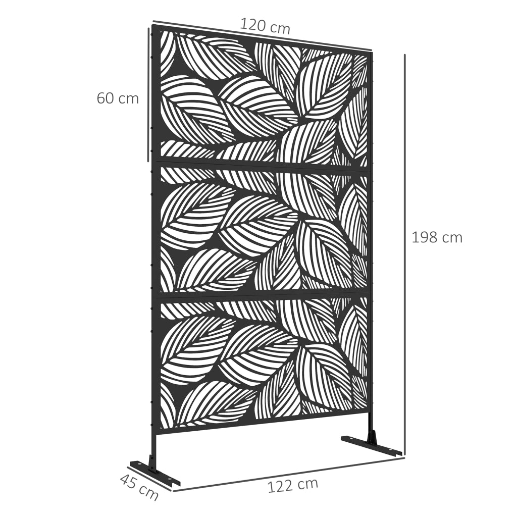 Separatore Ambienti 3 Pannelli ¨C Xylo ¨C Motivo Foglie Metallo Nero 122x45x198 cm