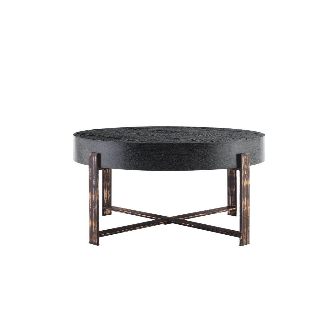 Tavolino rotondo da salotto 68 cm in stile industriale vintage, piano MDF nero effetto legno e base in metallo