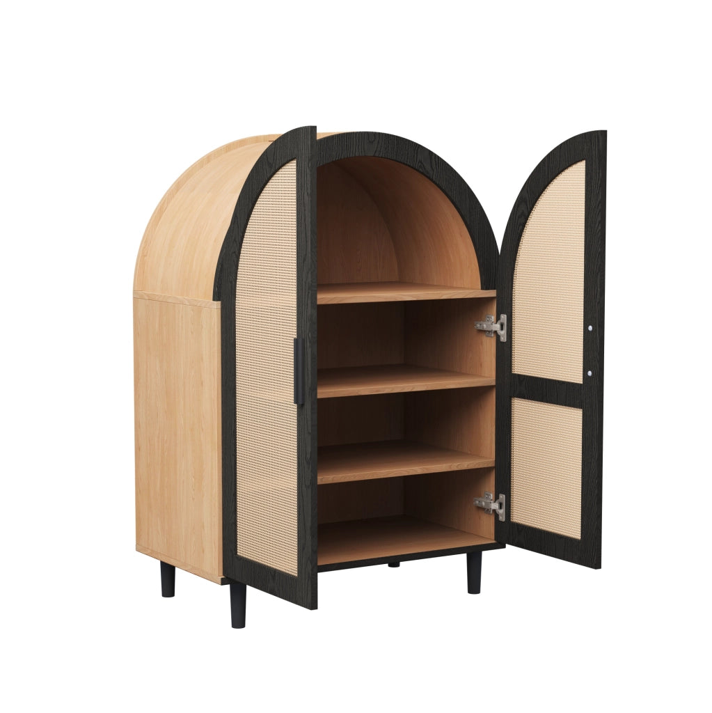 Scarpiera 70x40x100 cm con ripiani regolabili e ante in rattan MDF; pannello truciolare naturale e nero