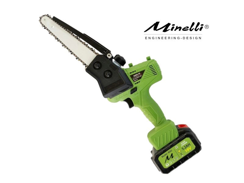 Potatore Minelli Ener-Q3 con due batterie da 21v e 5,2Ah e barra da 20 cm