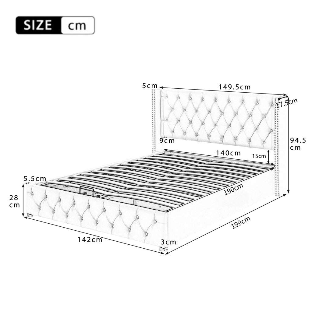 Letto imbottito matrimoniale 140x190 cm in velluto beige con contenitore e rete a doghe