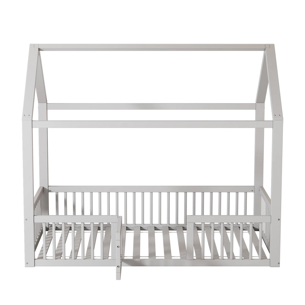 OKWISH Letto a casetta 90×200 cm, Letto Singolo con Spondine di Sicurezza, Porticina e Doghe, senza Materasso, in Pino e MDF, Bianco
