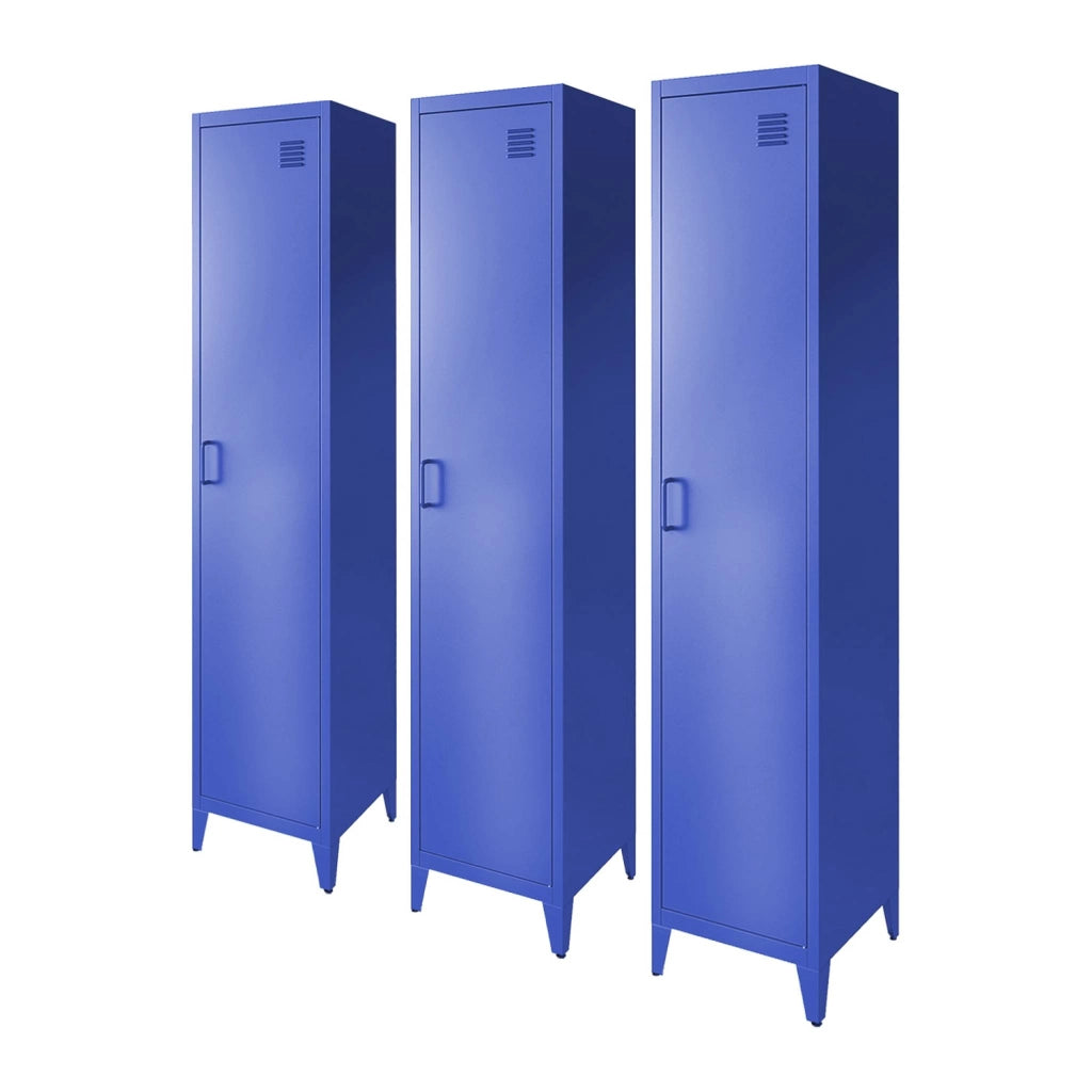 Set di 3 armadi camera industriale, 4 vani, blu