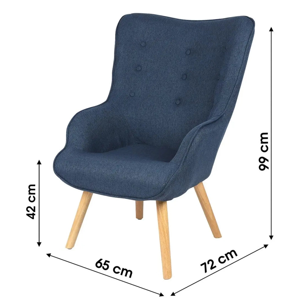 Poltrona da salotto in tessuto blu denim con piedi in legno collezione ENJOY. Stile scandinavo.