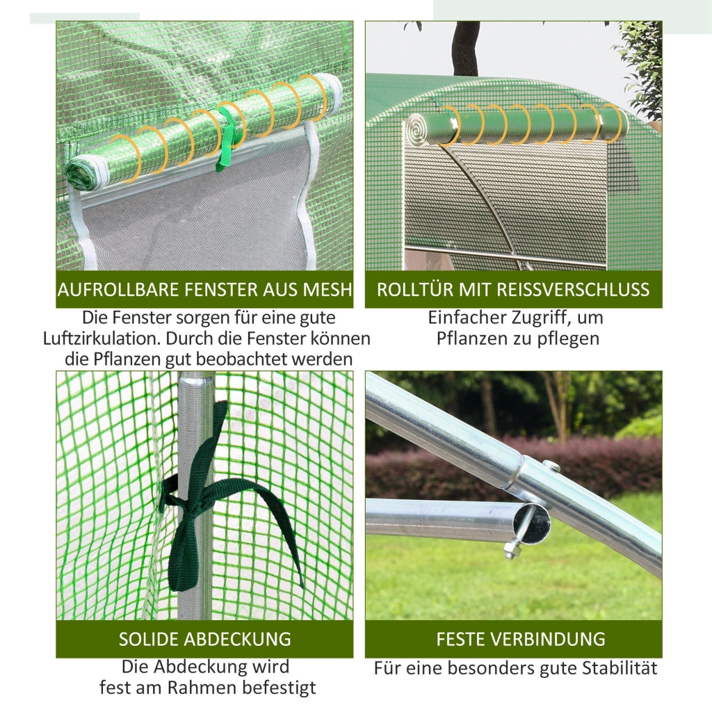 Serra a tunnel in polietilene, 6 x 3 m, con 8 finestre, protezione antigelo, struttura in tubi d'acciaio, colore verde scuro.