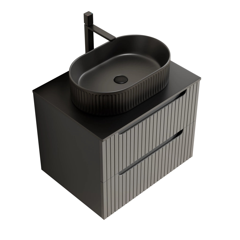 Mobile sottolavabo con lavabo ovale in ceramica, piano in pietra sinterizzata e 2 cassetti, nero e grigio scuro