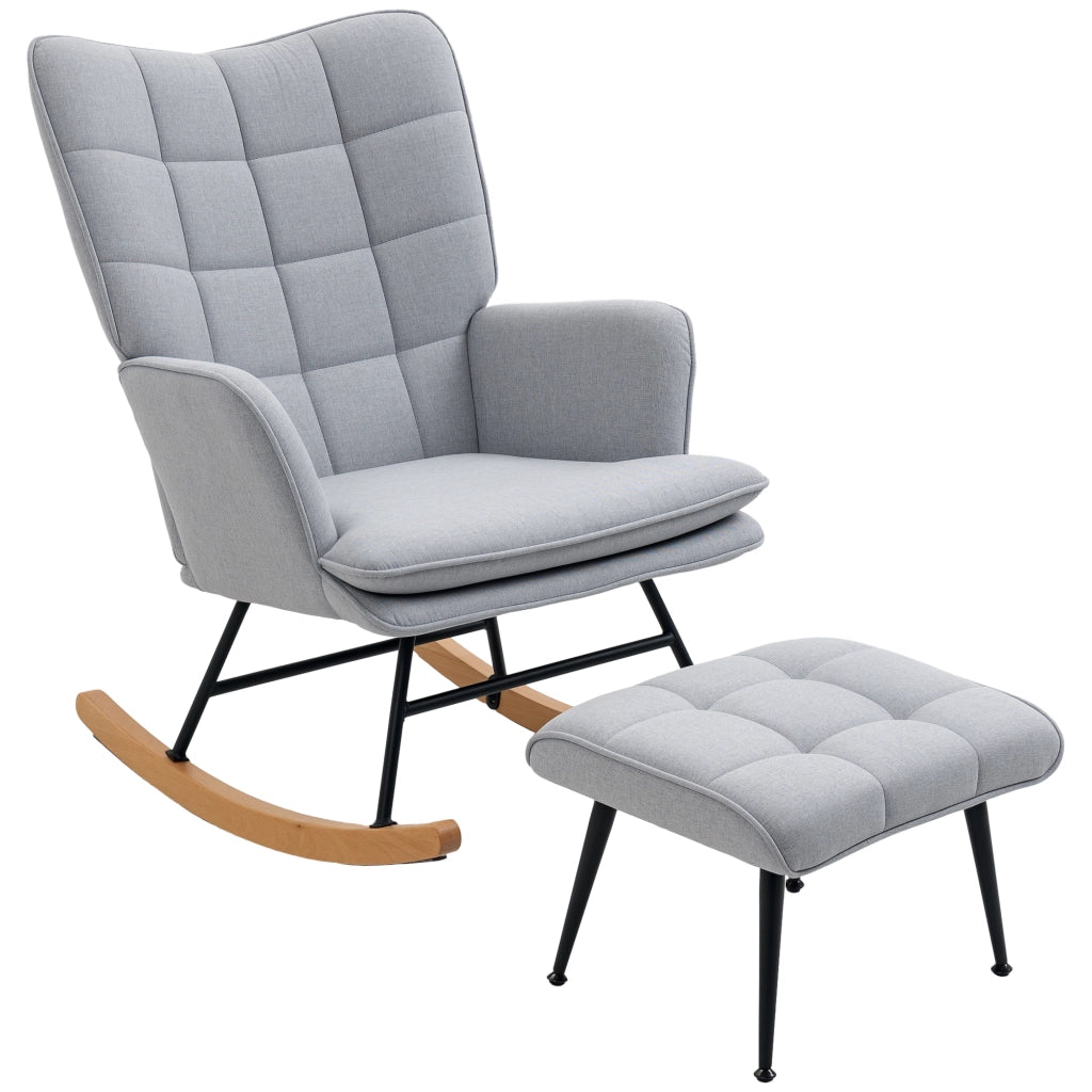 Poltrona Dondolo con Pouf ¨C Minimal ¨C Grigio, Legno, Tessuto, 64x89x90 cm