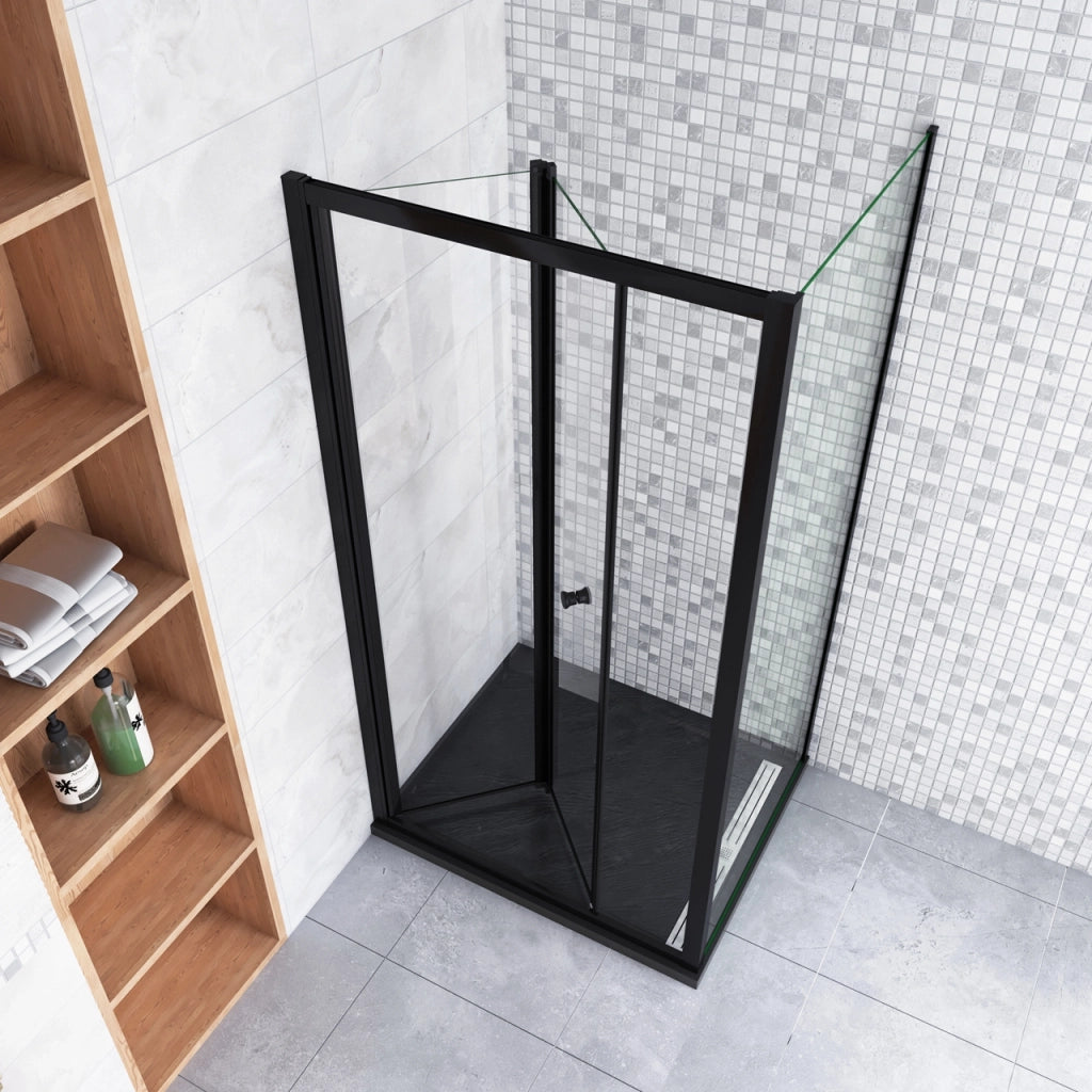 185cm Box Doccia Angolare Porta a Soffietto con Parete Fissa 80x70cm in Vetro Temperato Trasparente 5 mm Profilo Nero Opaco