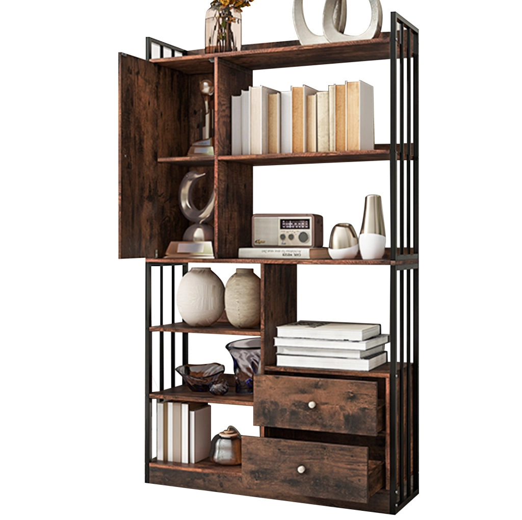 Libreria 100.0x30.0x173.5 cm con cassetti e armadietti in pannello truciolare marrone e nero