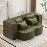 Divano letto modulare verde 2 in 1, 4 cuscini, tessuto peluche, schiuma e molle