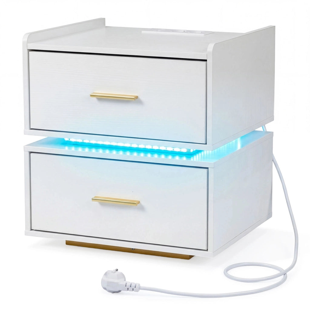 Comodino con stazione di ricarica e LED con 2 cassetti portaoggetti, Tavolino moderno semi-sospeso per soggiorno e camera da letto Bianco