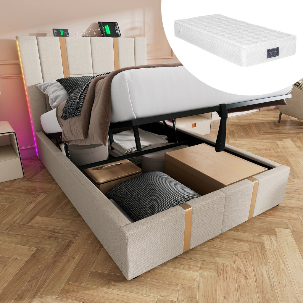 letto imbottito lino beige 90 x 200 cm
