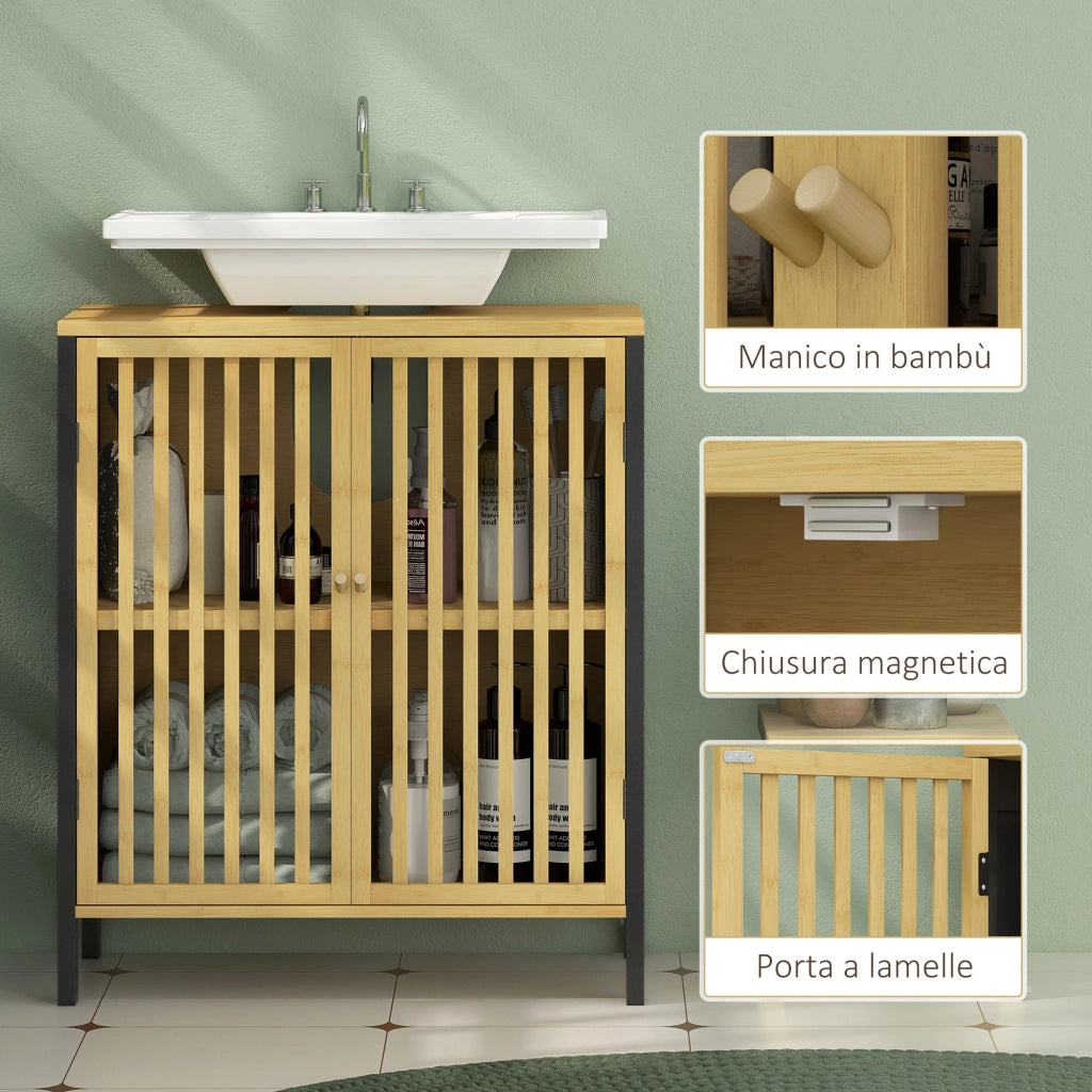 Mobile Sottolavabo Bagno con 2 Ante a Doghe 60x30x70 cm in Legno di Bambù e MDF con Intaglio a U Legno Naturale e Nero