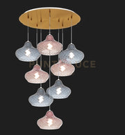 SOSPENSIONE OTTONE SATINATO 8 LUCI TONDA VETRI (4 X PICCOLO RU + 4 X PICCOLO ZA) 1191OS-S8 TP-ZR